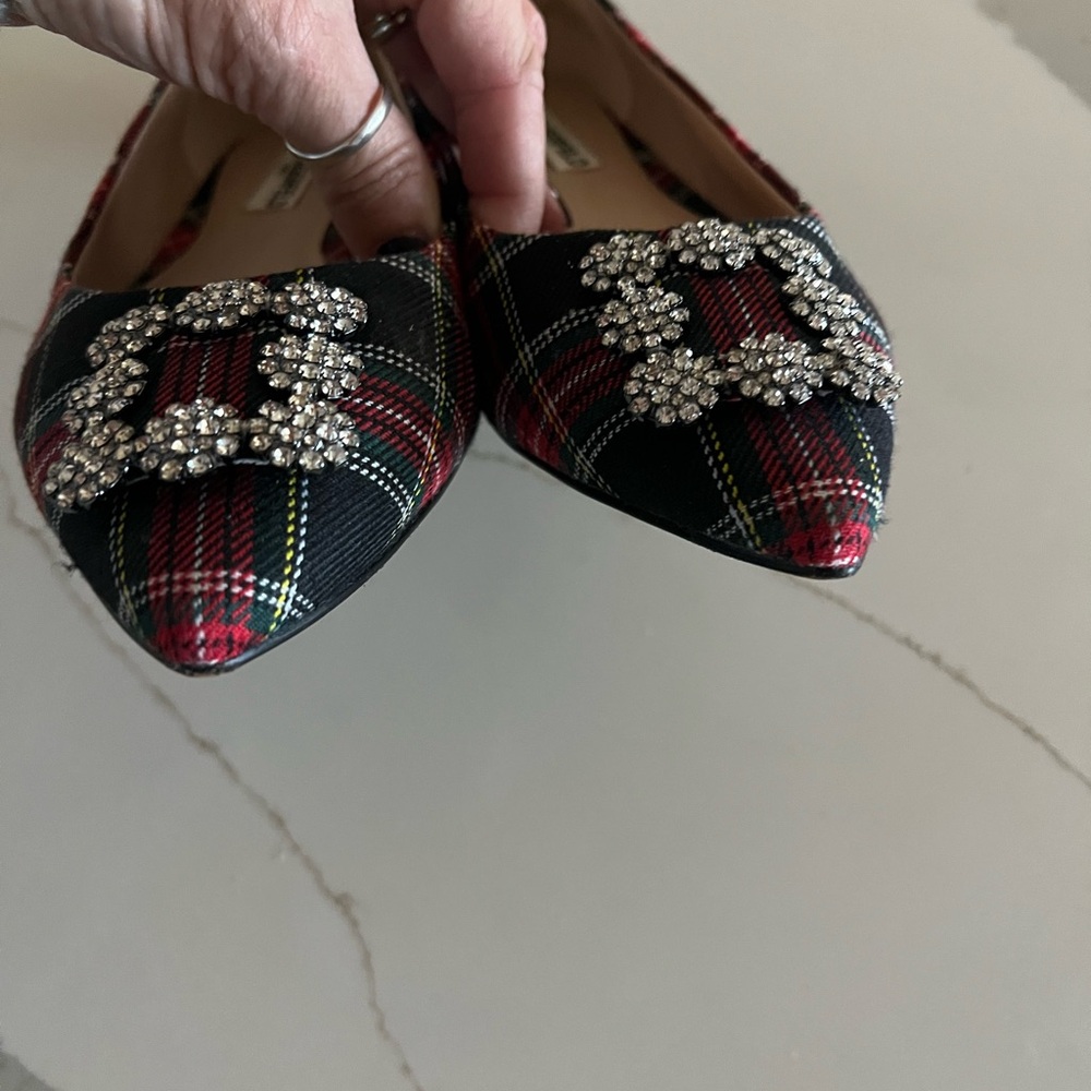 Karl Lagerfeld Black and Red Plaid Heels with Embellishments - Picture 2 of 6